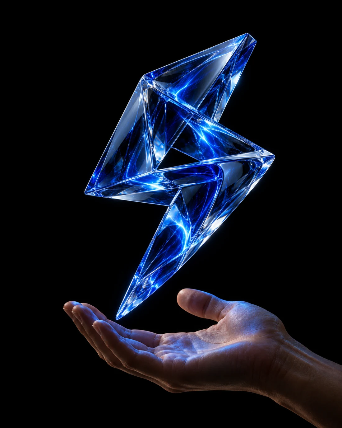 A translucent sapphire lightning sculpture levitating above a human hand