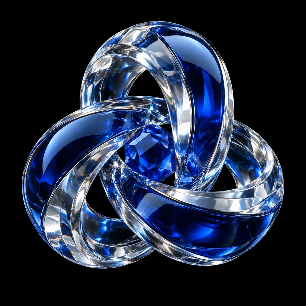 Interlocking sapphire glass ribbons around a central crystal